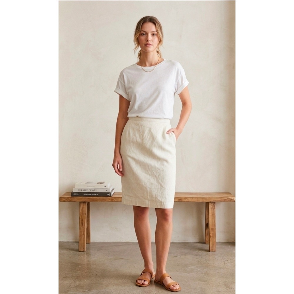 Yves Saint Laurent Variation Linen Pencil Skirt Womens 40 Cream Vintage YSL W28" - Picture 8 of 8